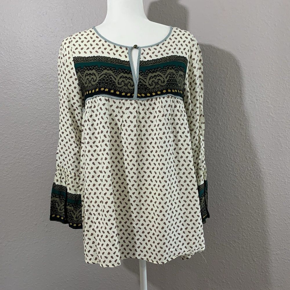 Kori America Women's S Ivory Print Blouse Geometric Bell Sleeve Boho‎ Swing NWOT